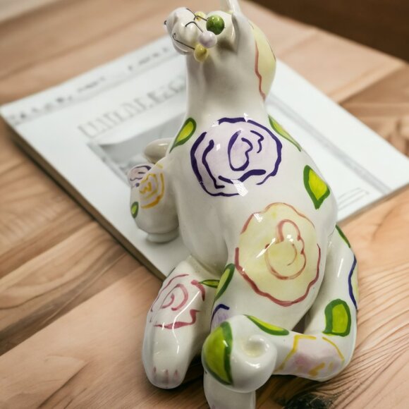 Whimsical White Cat Figure Colorful Swirls Signed By Amy LaCombe Annaco 2001 - Picture 4 of 13